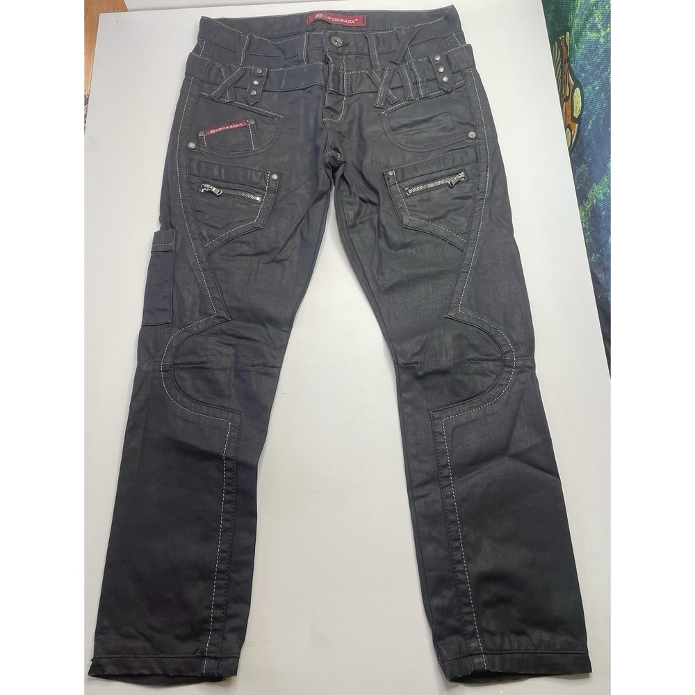 Cipo & Baxx Coated Denim Biker Pants Mens 33x32 Black Y2K Utility Moto XII Studs
